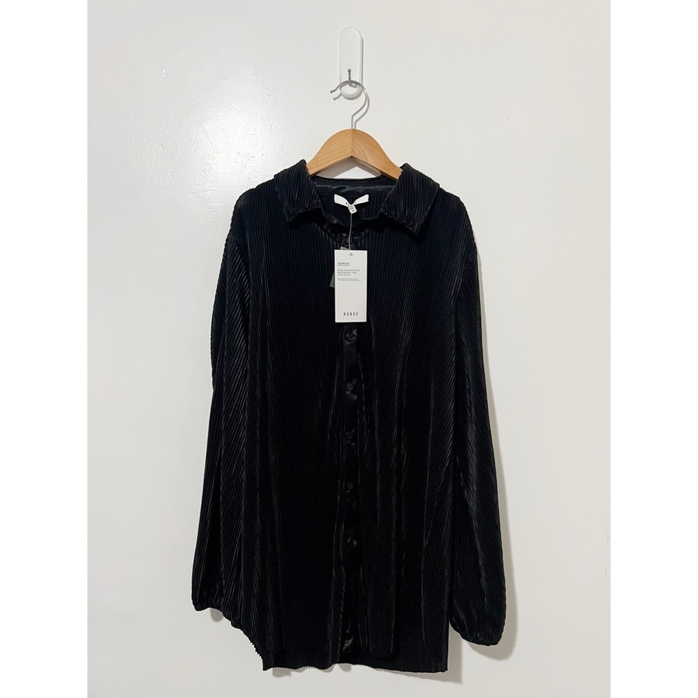 Ro‎ & De Black Ribbed Silky Collared Long Sleeve Blouse Size Medium